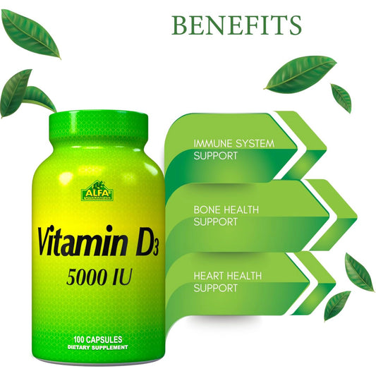 Alfa Vitamins 5000 IU Vitamin D3 Supplement  - 100 capsules
